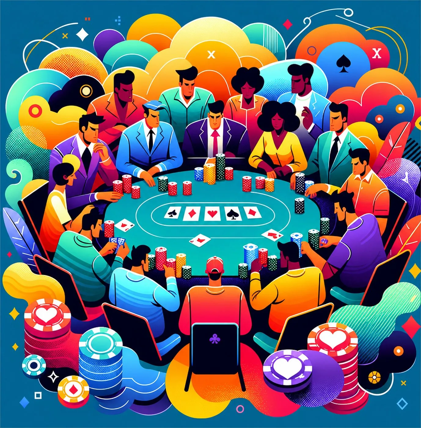 Färgglad illustration av en pokerturnering med spelare kring ett runt bord