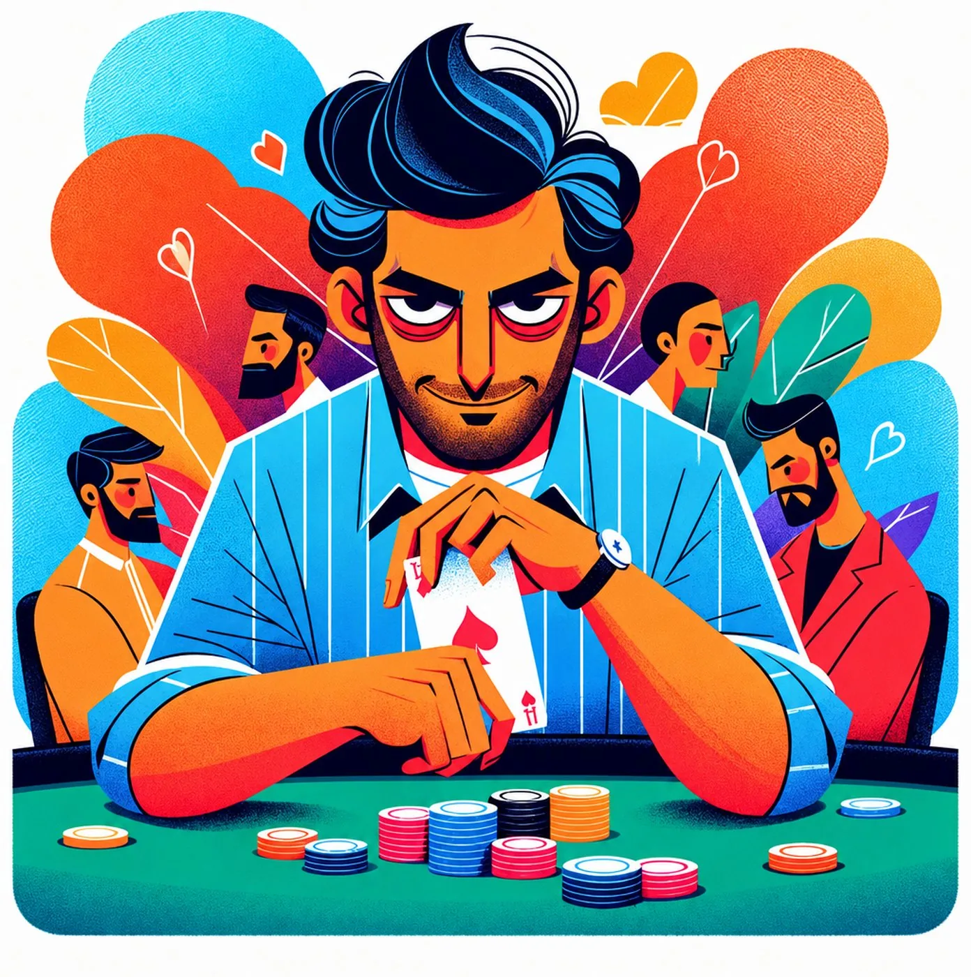Illustration av en man vid ett pokerbord omgiven av andra män