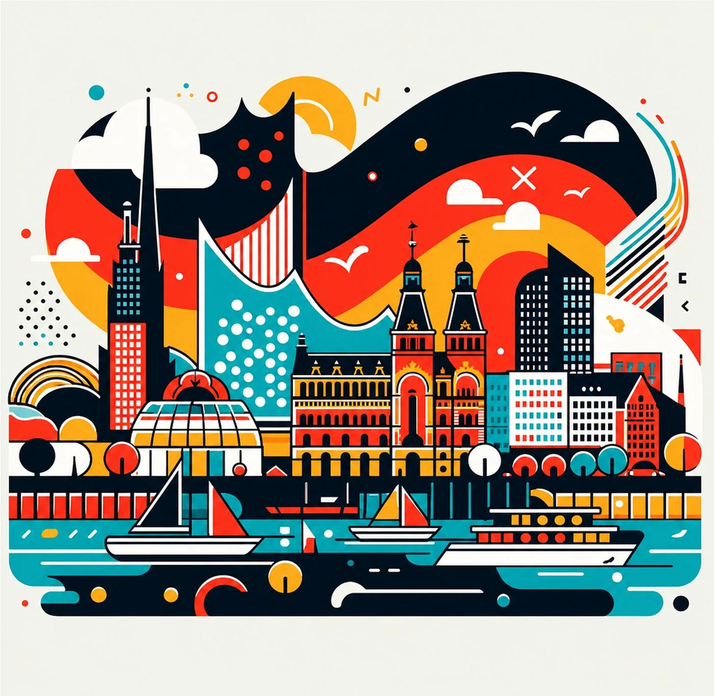 Grafisk illustration av en tysk stadssiluett med båtar och den tyska flaggans färger