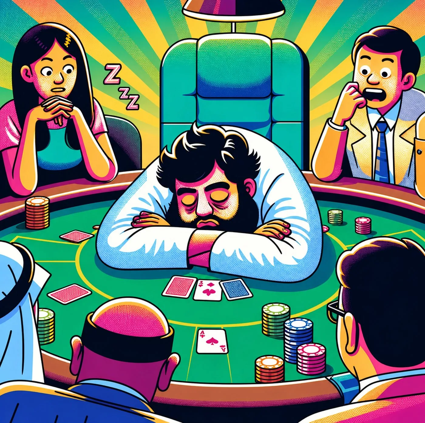 Man som somnat vid ett pokerbord med spelmarker och kort framför sig