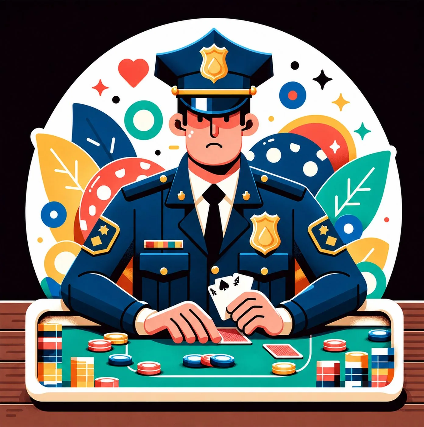 Illustration av en allvarlig polis i uniform som sitter vid ett pokerbord