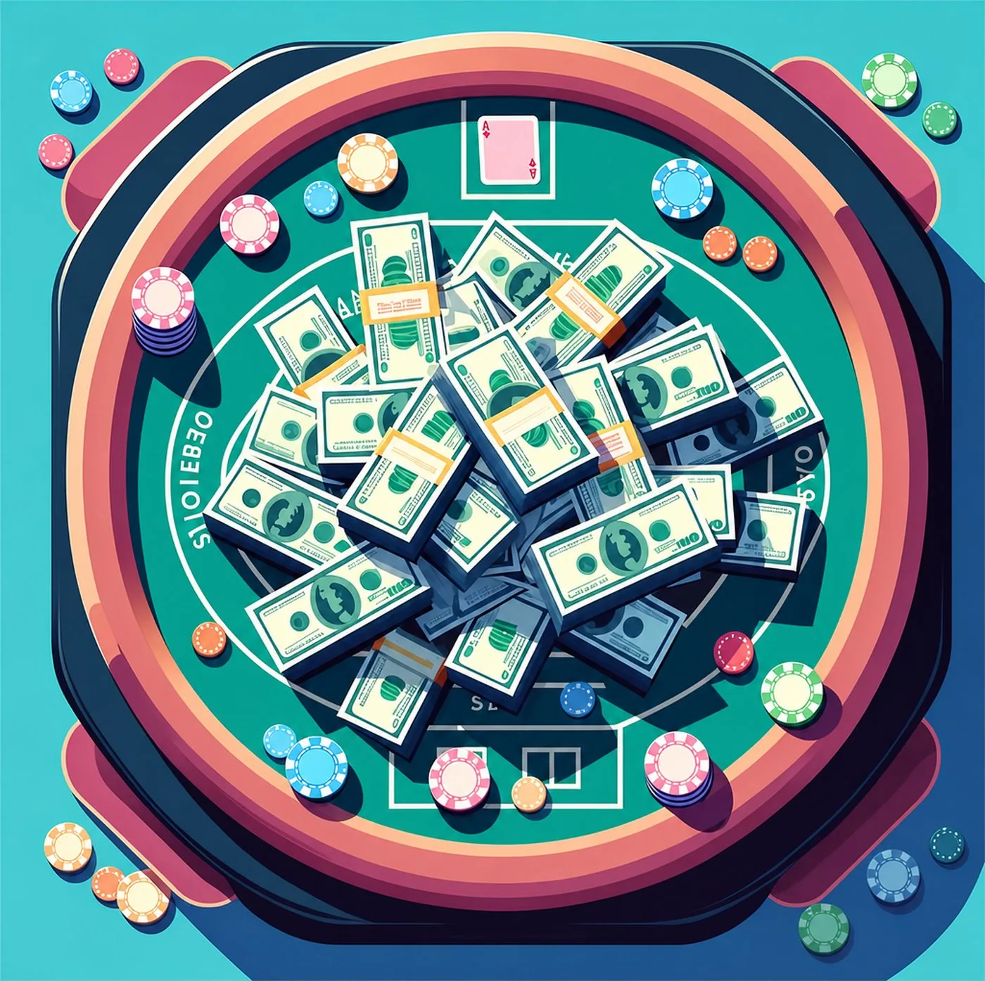 Illustration av ett pokerbord täckt av stora högar med sedlar och spelmarker