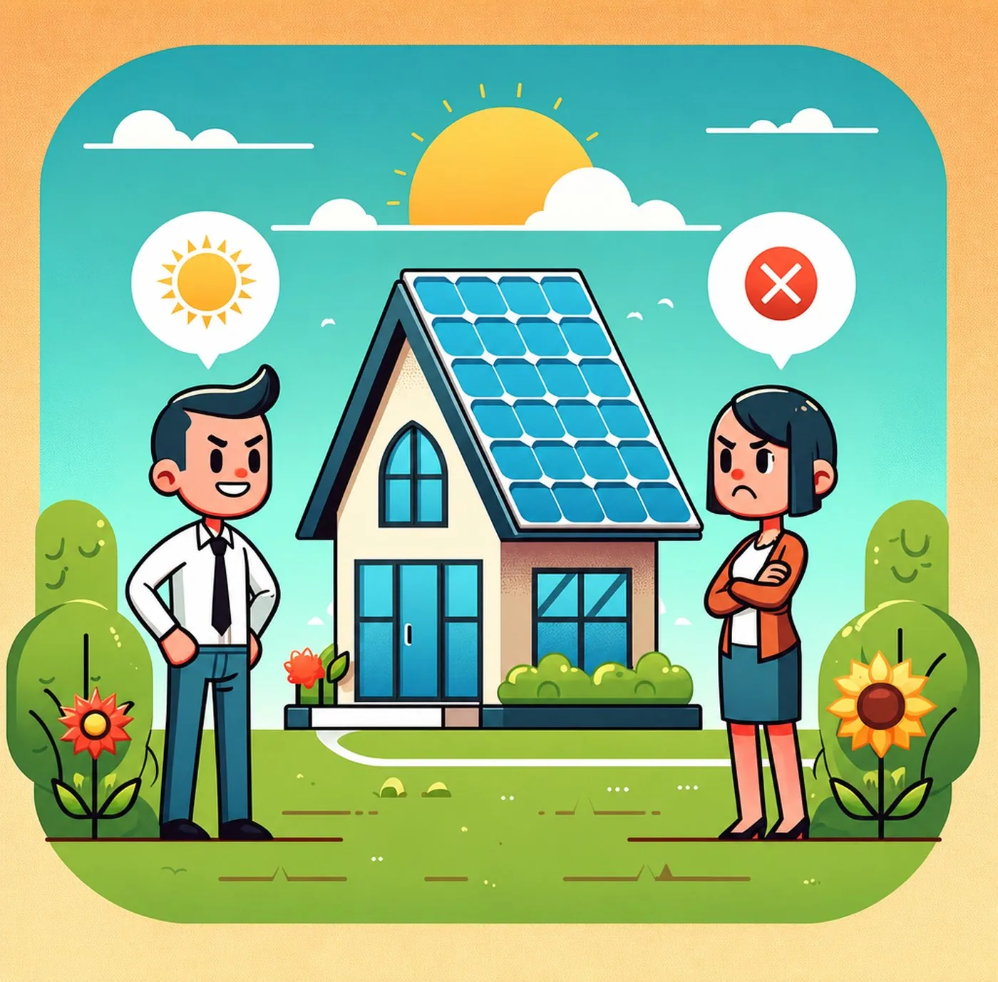 Illustration av man och kvinna som diskuterar ett hus med solpaneler