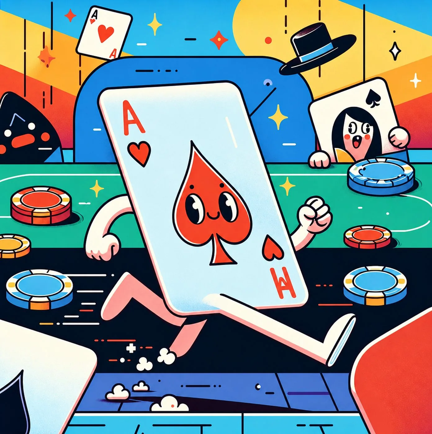 Tecknat ess som springer över ett pokerbord med marker och spelkort