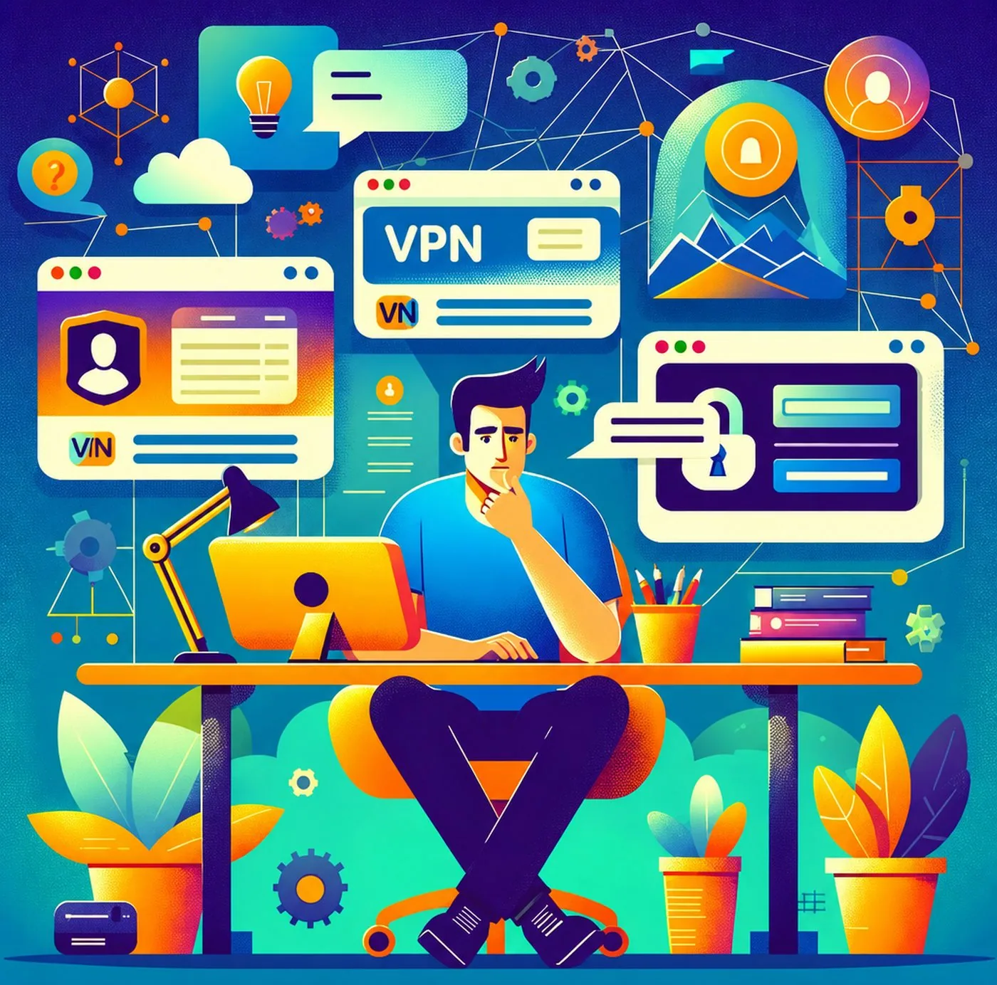 Illustration av person vid dator omgiven av digitala symboler och vpn-fönster
