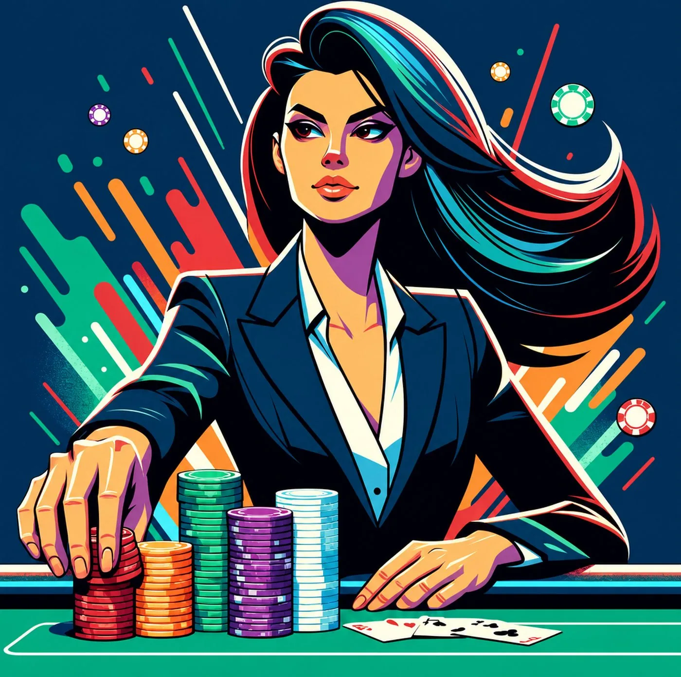 Kvinna i kostym som placerar marker på ett pokerbord med spelkort