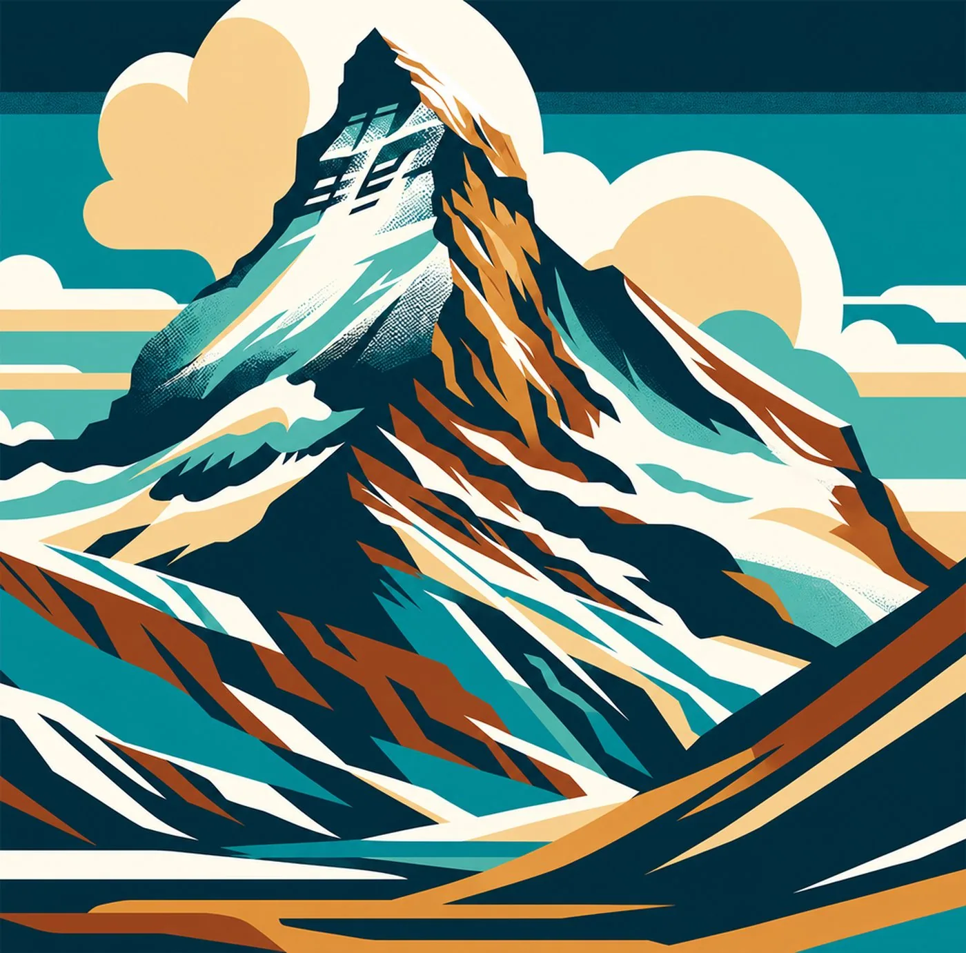 Grafisk illustration av en spetsig snötäckt bergstopp mot en stiliserad himmel
