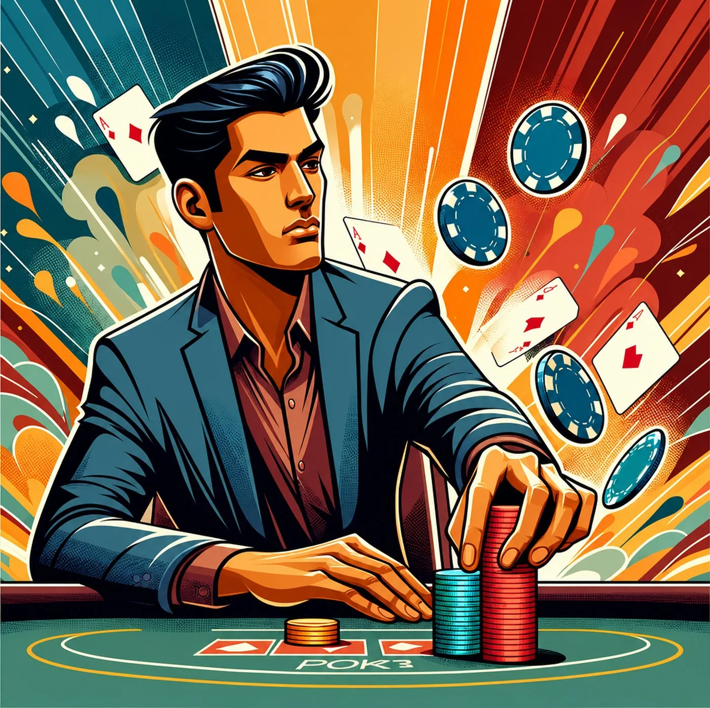 Stiliserad illustration av pokerspelare vid bordet med marker och spelkort