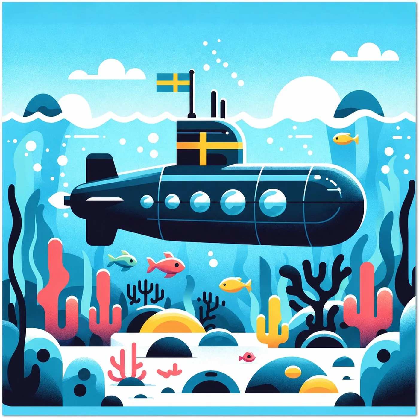 Tecknad ubåt med svensk flagg under vattenytan bland fiskar och koraller