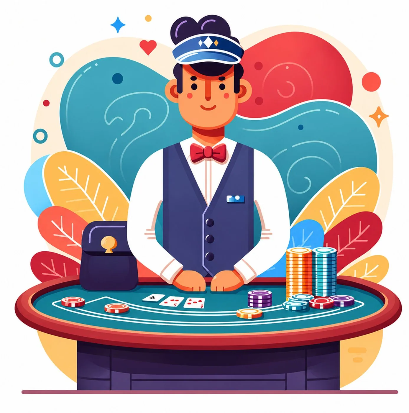 Illustration av en leende dealer vid ett pokerbord med spelkort och marker