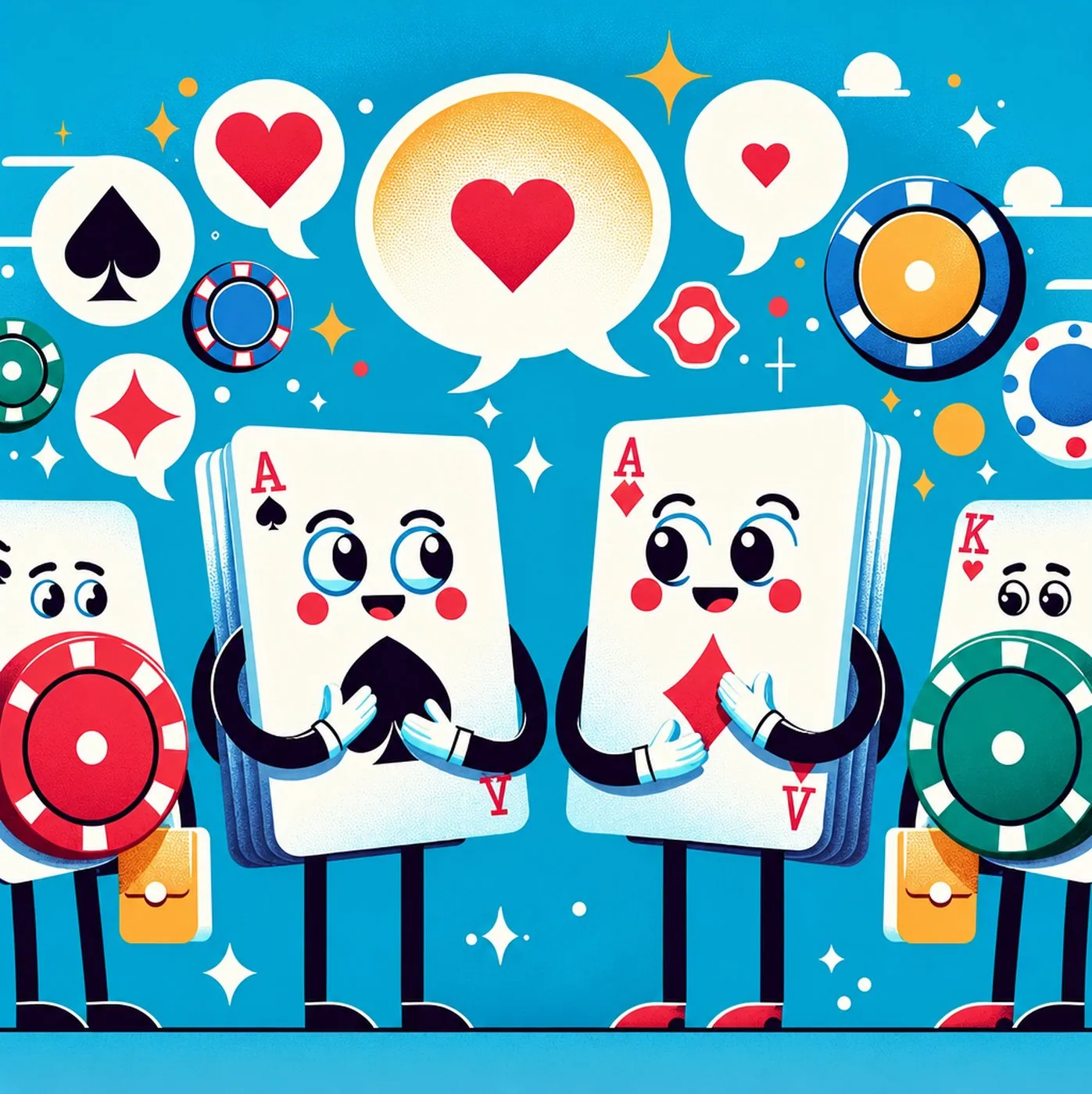 Animerade spelkort med ansikten som samtalar omgivna av pokerchip och hjärtan