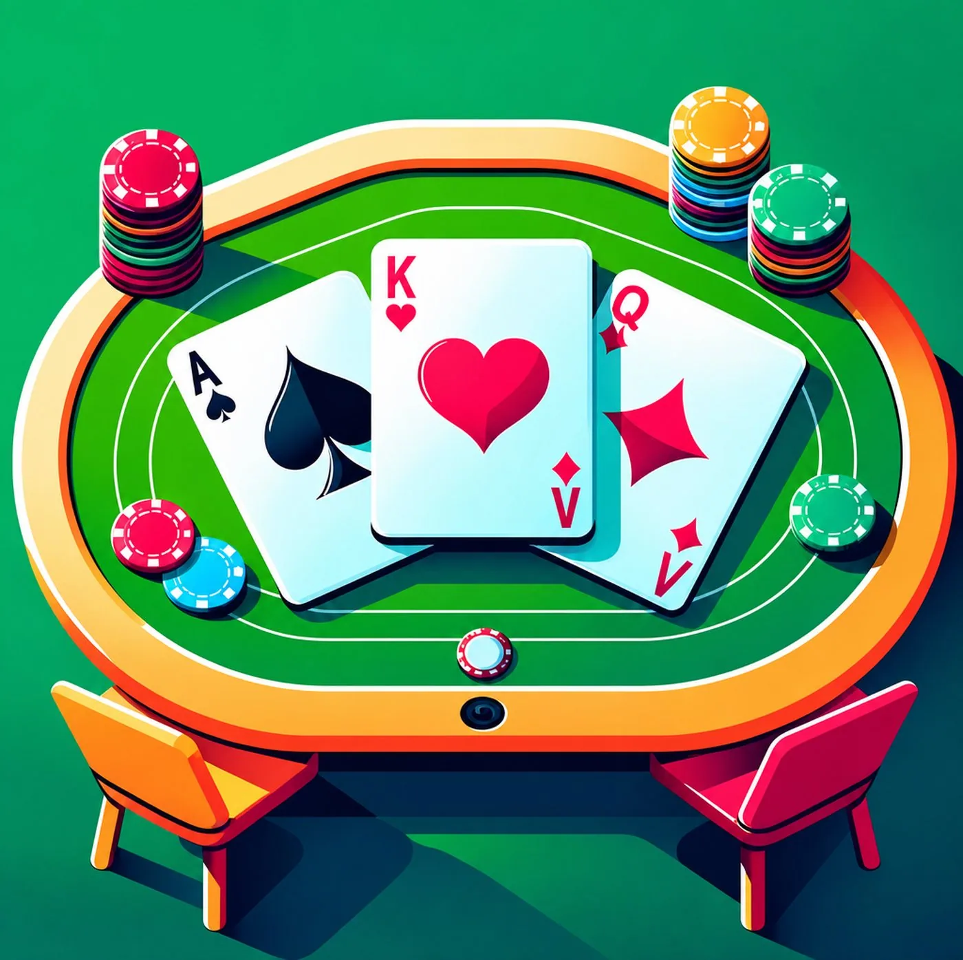 Illustration av spelbord med pokermarker och tre uppvända spelkort