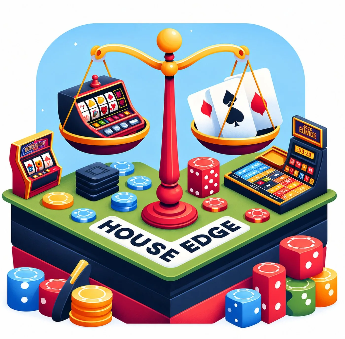 Våg som väger spelautomater och spelkort mot varandra på ett kasinobord