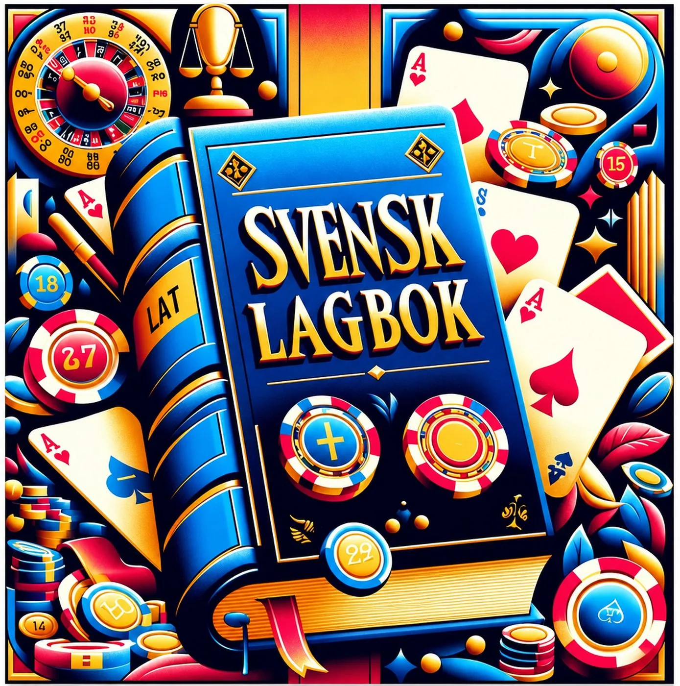 En blå bok med texten svensk lagbok omgiven av spelkort och pokerchips