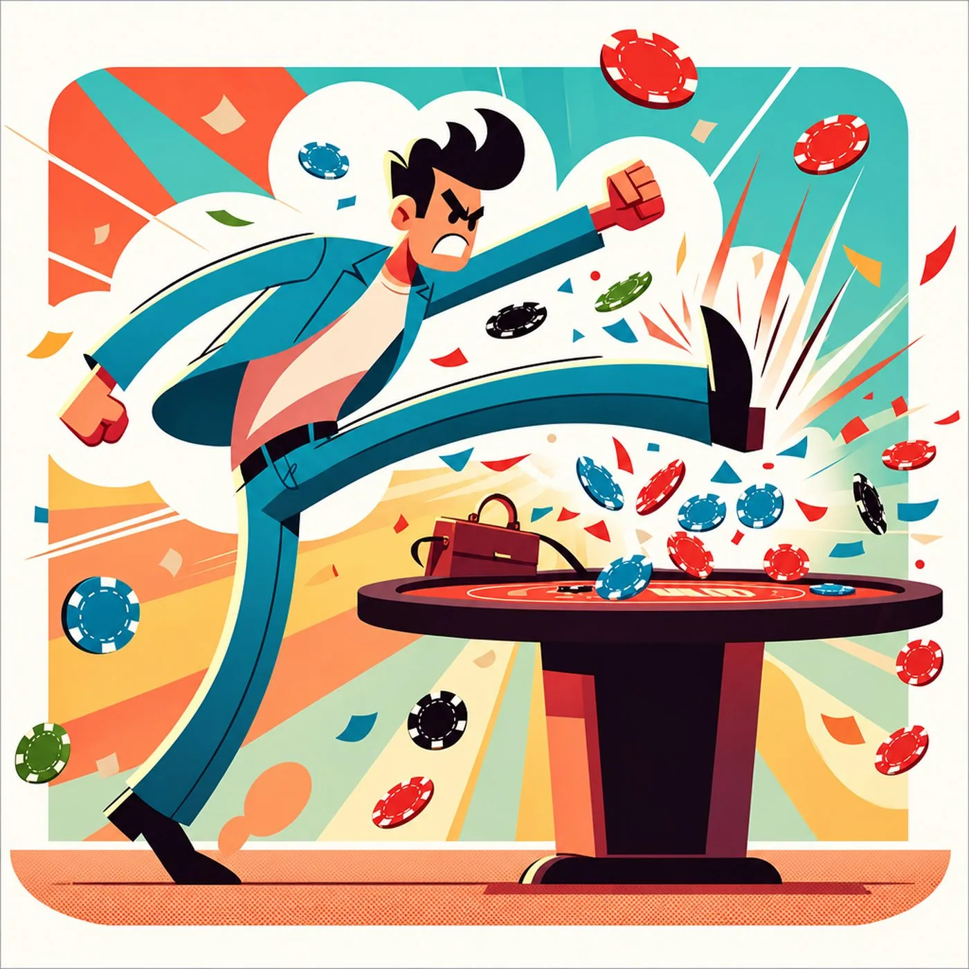 Illustration av arg man som sparkar omkull ett pokerbord så att marker flyger