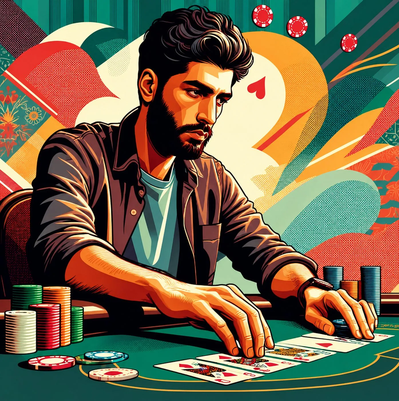 Man med skägg som spelar poker vid ett bord med marker