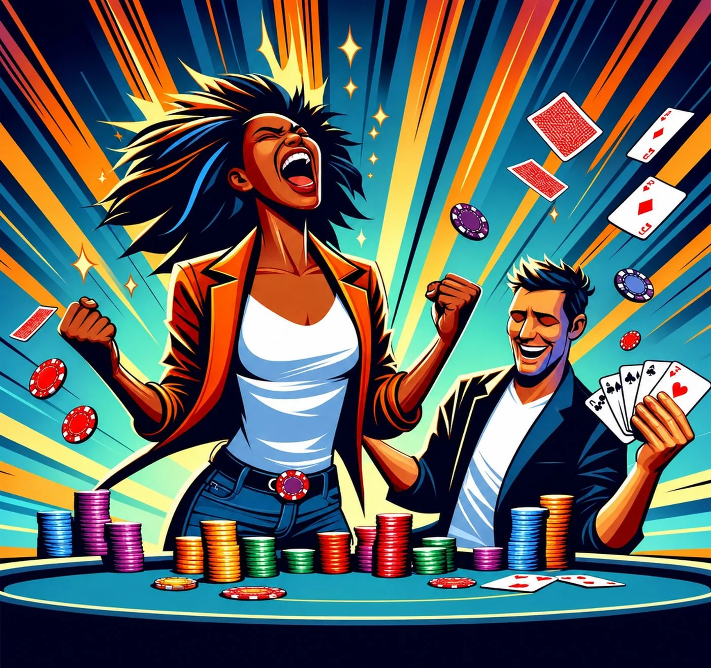 Kvinna och man firar vinst vid ett pokerbord med spelkort och marker