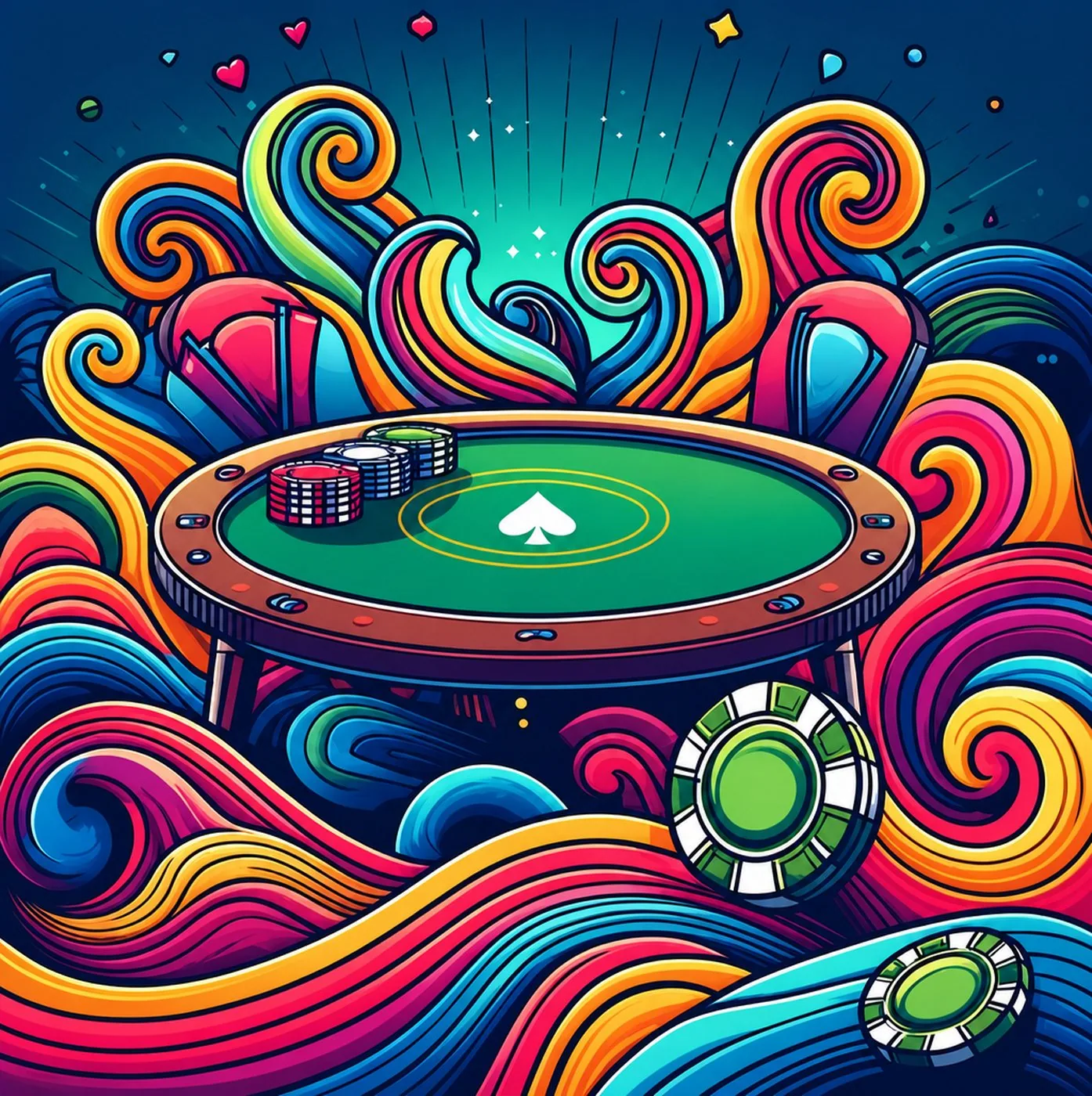 Färgglad illustration av ett spelbord med marker omgivet av virvlande mönster