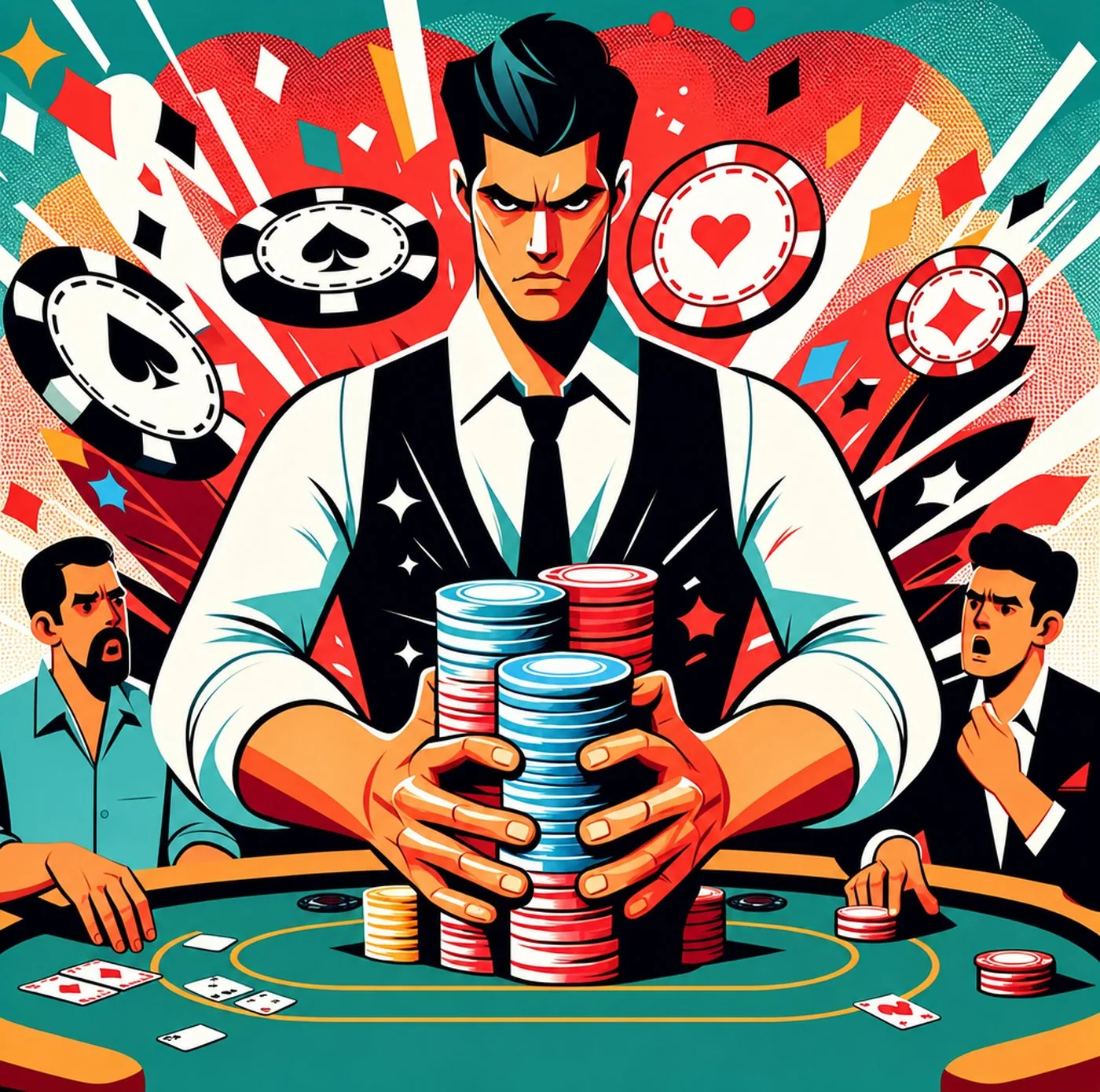 Pokerspelare som placerar en hög med marker mitt på spelbordet