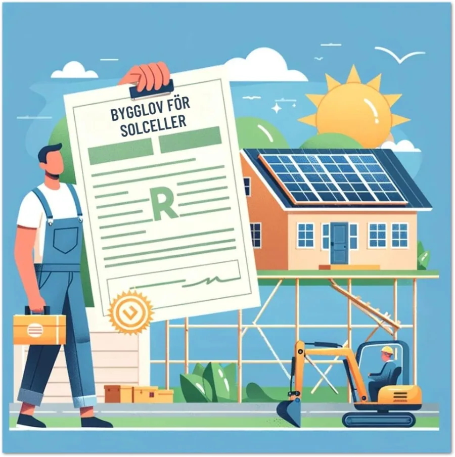 Illustration av person som håller ett dokument framför hus med solcellspaneler på taket